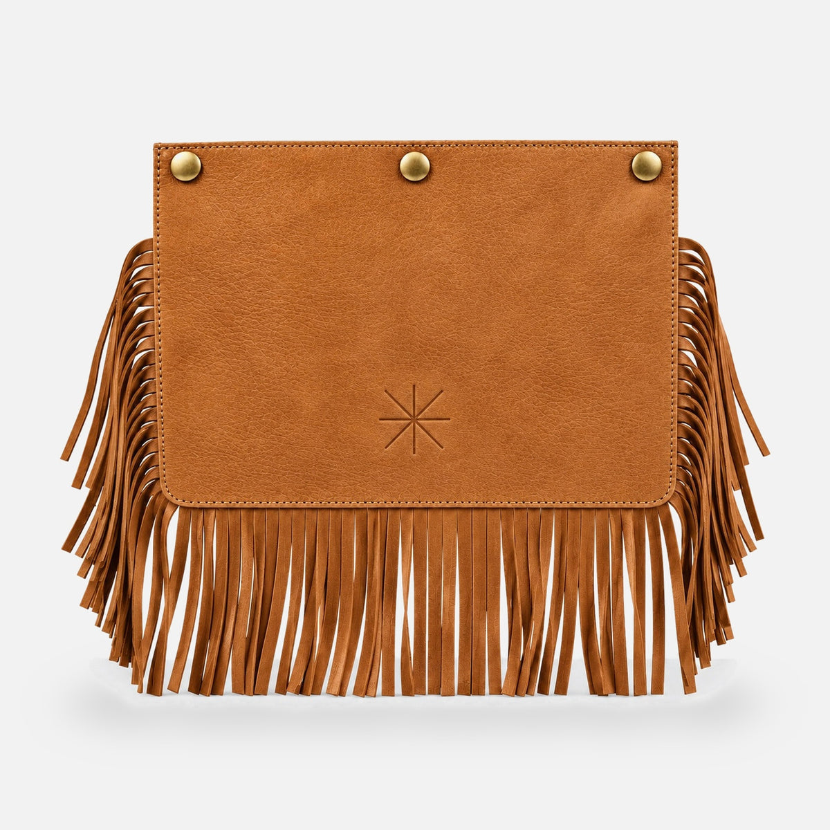 Rabat Gemma Heva Camel en nubuck à franges, rabat seul posé à plat sur fond gris clair