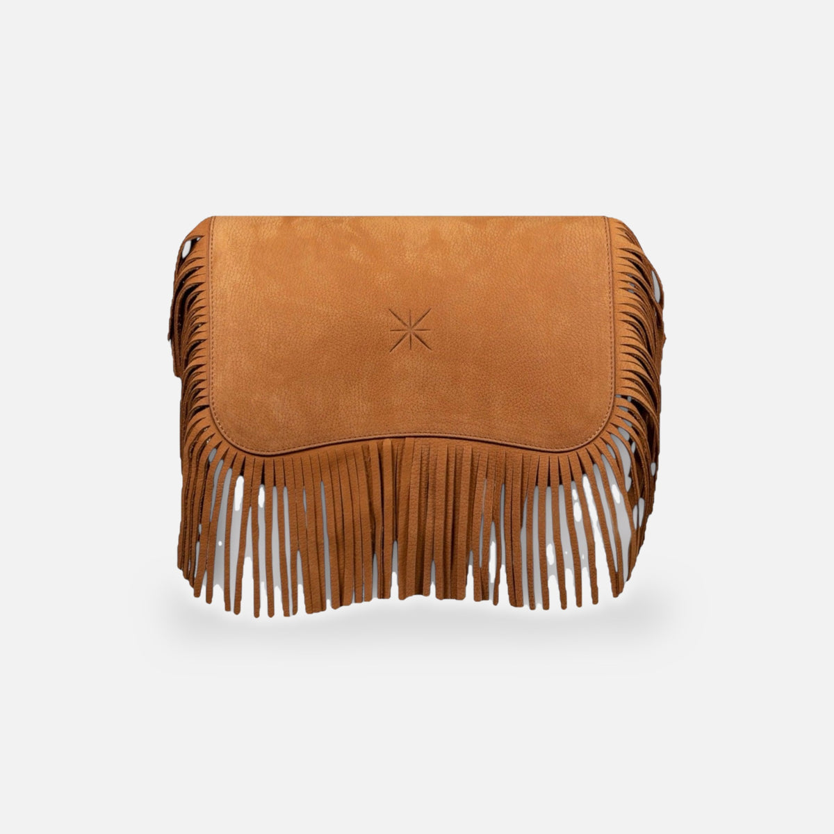 Sac Baby Double Heva camel en nubuck, rabat à franges, vue de face