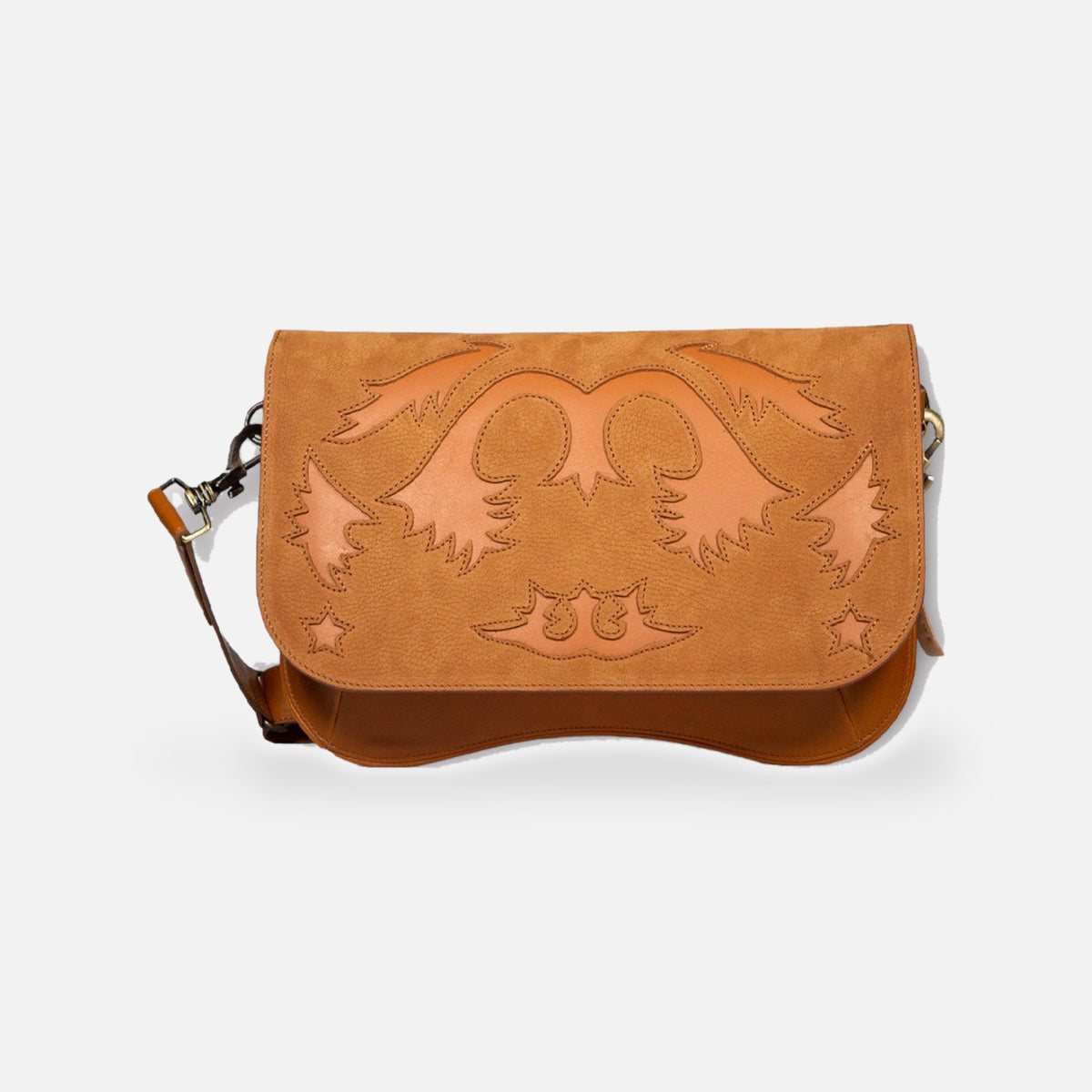 Sac baby rancho nubuck camel, autre vue sur fond gris clair