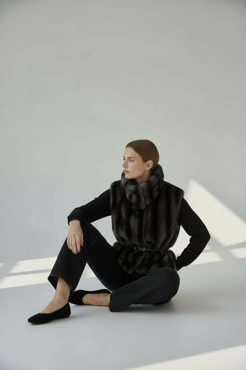 PLASTRON ECO-FOURRURE VISON GRIS/NOIR COURT