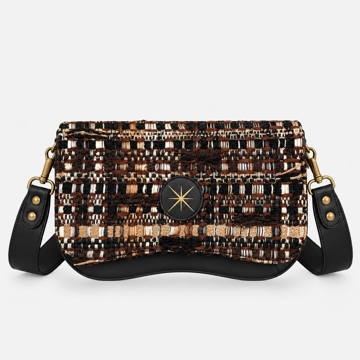 Rabat Twist en tweed tissé brun et doré, monté sur une base Baby noire avec sa bandoulière