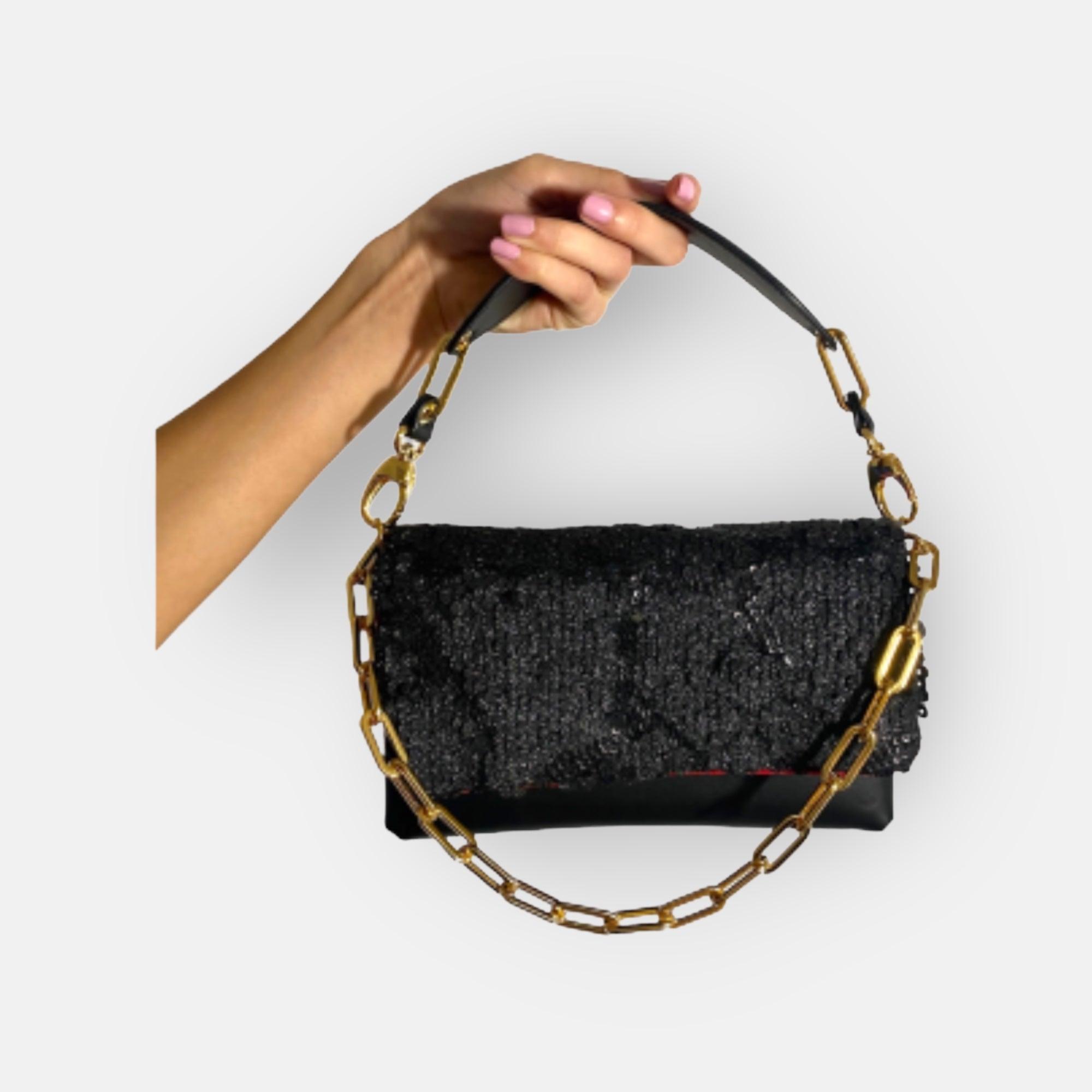 SAC POCHETTE GEMMA CUIR NOIR - BANDOULIÈRE CHAINE OR