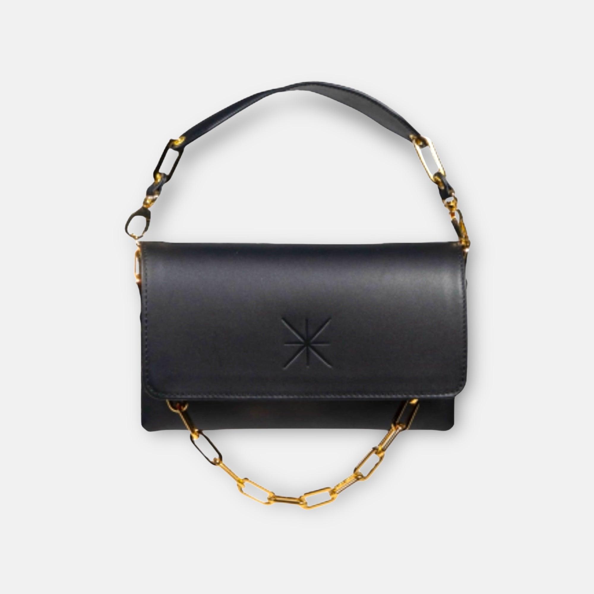 SAC POCHETTE GEMMA CUIR NOIR - BANDOULIÈRE CHAINE OR