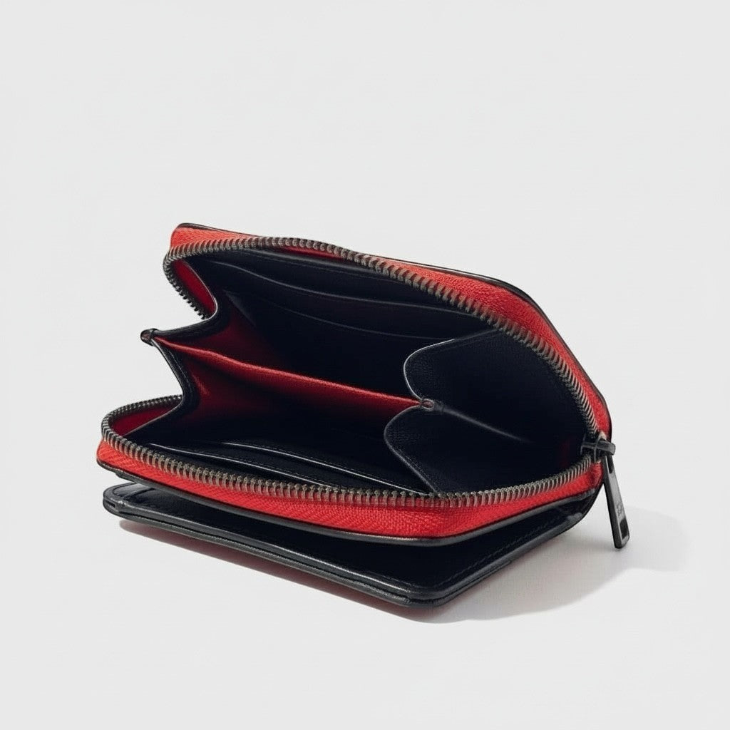 Portefeuille compagnon La Stella en cuir noir embossé croco avec doublure rouge. Fermeture zippée intégrale et compartiments intérieurs pour cartes et billets.
