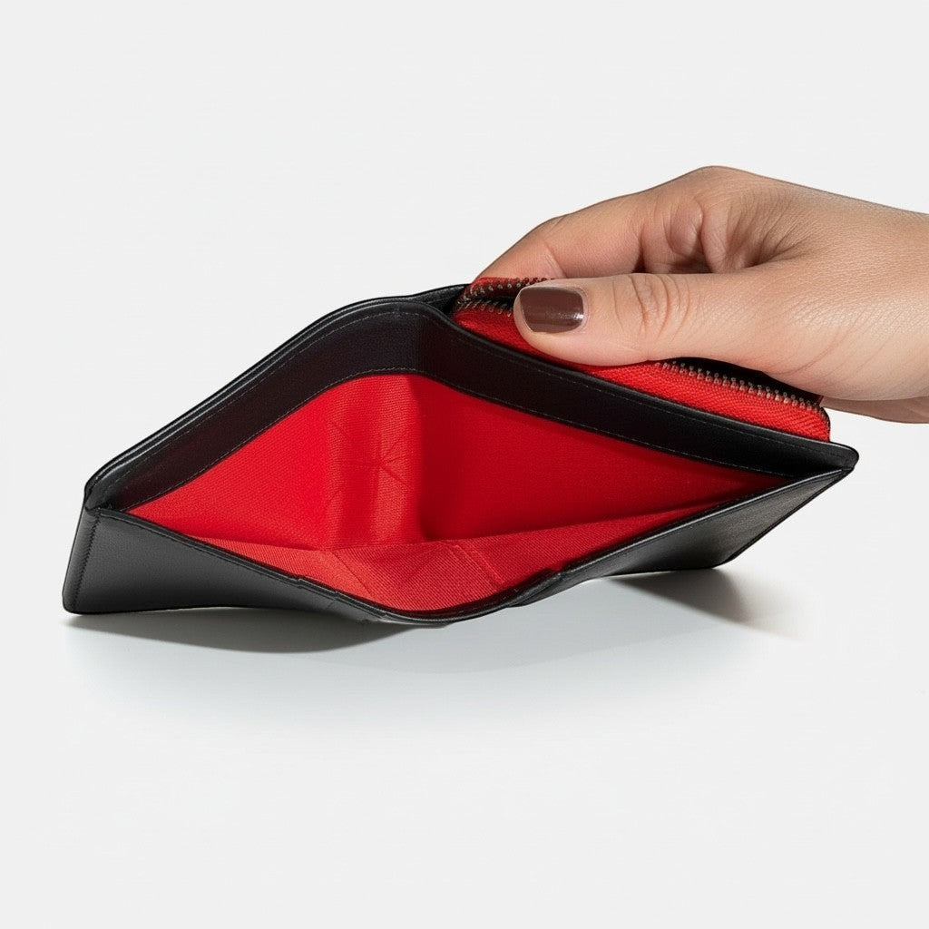 Portefeuille La Stella Compagnon Croco Noir en cuir noir embossé, doublure rouge, fermeture zippée intégrale. Idéal pour cartes et billets.