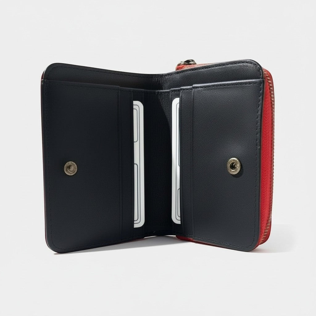 Portefeuille La Stella Compagnon Croco Noir en cuir embossé, fermeture zippée, plusieurs fentes pour cartes et compartiment monnaie.